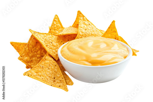 Crunchy tortilla chips with creamy cheese dip in white bowl, cut out