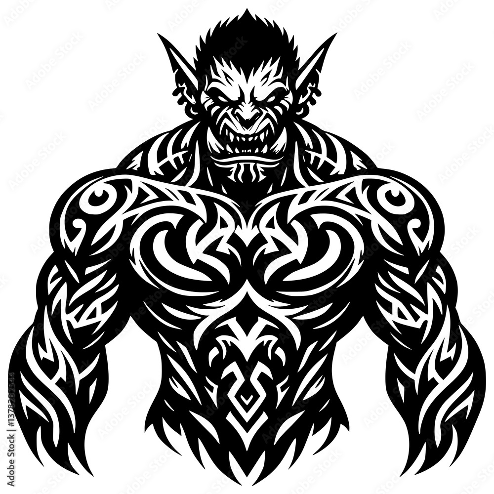 Fototapeta premium Ferocious Figure: A formidable creature with menacing expression and intricate tribal tattoos, an embodiment of power and untamed energy.