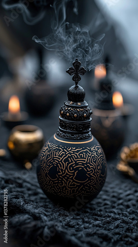 Orthodox Easter eggs with gold labyrinth motifs, brass censer and candles on wool rug, monastic charcoal-gray cultural scene
