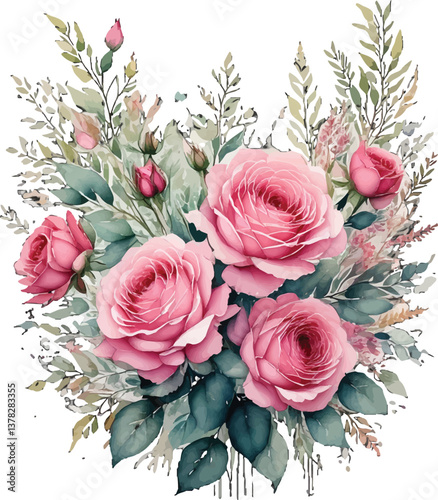 Romantic pink roses and green foliage, arranged beautifully for an elegant and tender display. Stunning pink roses nestled among greenery, perfect for a soft, romantic floral composition
