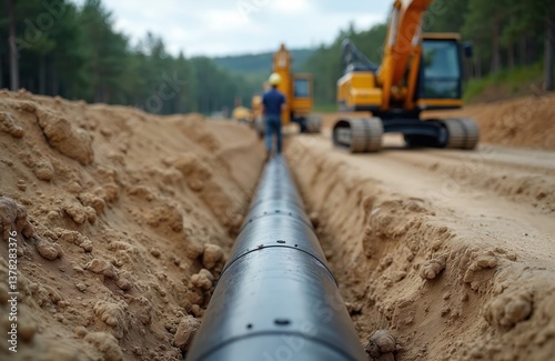 Construction of natural gas pipeline in trench. Black pipe laying underground, excavation machinery. Heavy equipment. Petrochemical industry, energy production, oil, gas, fuel transportation,
