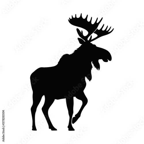 A black and white vector illustration of a mother moose with her calf beside her on a white background
