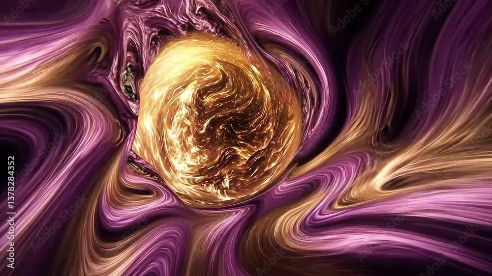 Swirling abstract, vortex of golden light at center, enveloped by flowing purple and beige waves, texture and depth