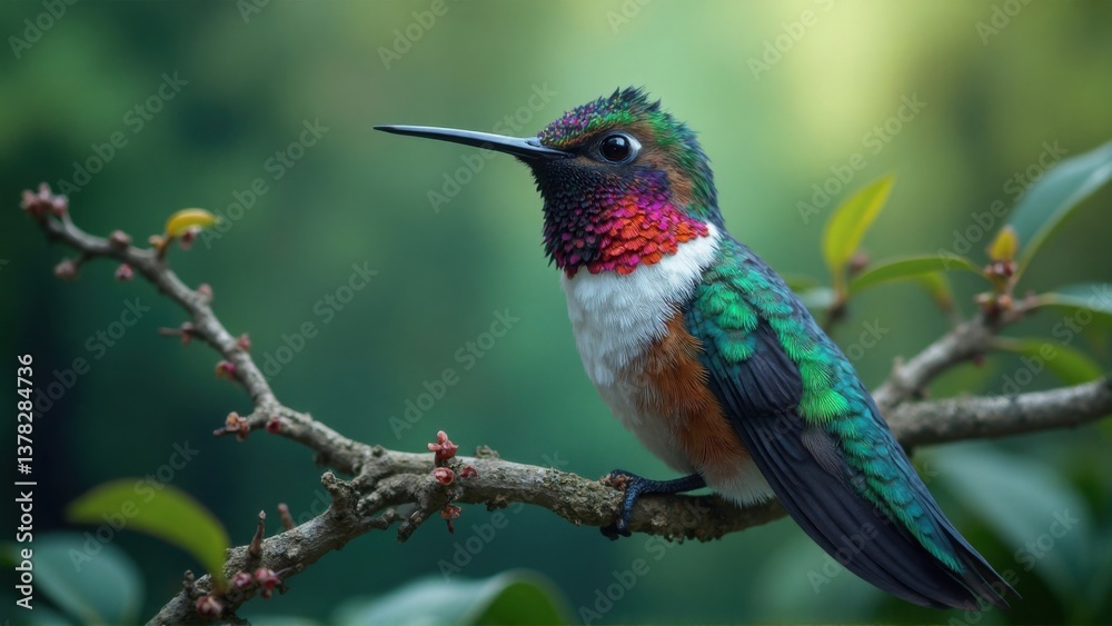 Fototapeta premium In a lush forest, a brilliant hummingbird sits gracefully on a branch. Its feathers shimmer in shades of green, blue, and red, while sunlight filters through the leaves, highlighting its beauty.