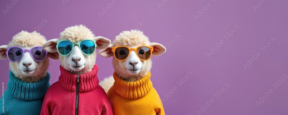 Fototapeta premium Funny portrait of sheep with sunglasses. Creative animal concept, group of lambs in bright fashionable outfits isolated on purple background. Party invitation banner advertising.