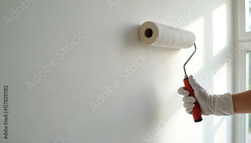Fototapeta Naklejka Na Ścianę i Meble -  Hand in glove paints wall using paint roller. Home renovation process with white paint. Painter hand, DIY repair concept, home interior work, construction. Decorating, house improvement.