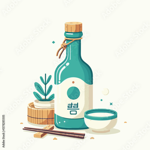 alcohol, soju, drink, glass, beverage, bottle, korea, korean, party, alcoholic, bar, liquor, culture, vector, green, asia, restaurant, liquid, vodka, illustration, asian, food, sake, traditional, beer