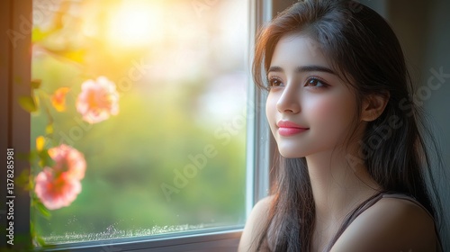 A woman with long dark hair is looking out a window