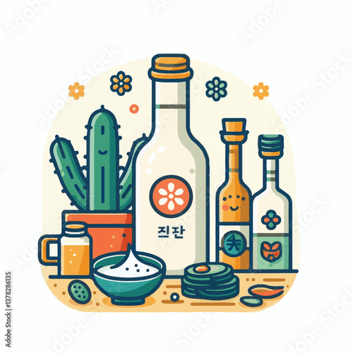 alcohol, soju, drink, glass, beverage, bottle, korea, korean, party, alcoholic, bar, liquor, culture, vector, green, asia, restaurant, liquid, vodka, illustration, asian, food, sake, traditional, beer