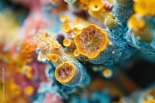 Vibrant, detailed macro view of colorful, textured fungal growths.  Close-up of intricate, organic shapes and vibrant hues