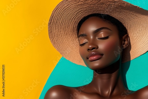 Young woman with radiant skin sunbathing under summer light, perfect image for tanning products and skincare campaigns