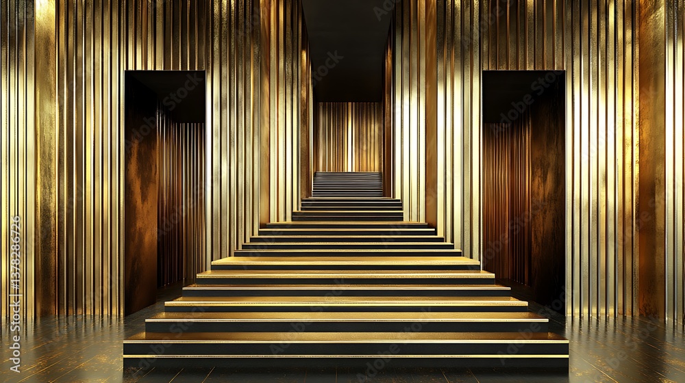 Naklejka premium A luxurious golden staircase leads up into a bright space