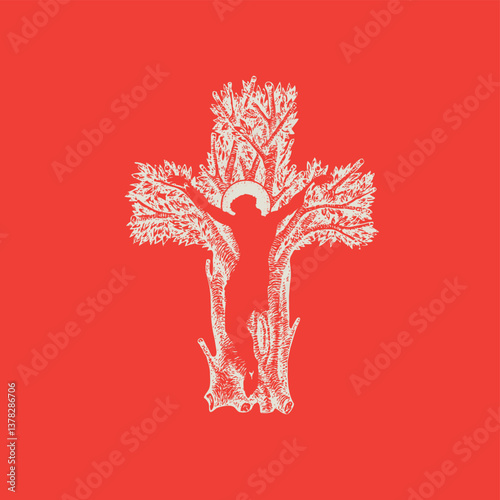 Concept of a Christian cross in the form of a tree hand drawn blood color with crucified Jesus Christ. Decorative tree in the shape of a cross. Vector illustration, religious sign, icon, logo, emblem