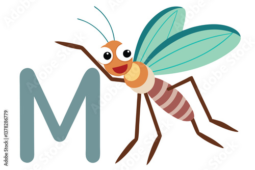 Cartoon Mosquito with Teal Wings Leaning on the Letter M on White Background