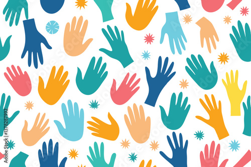 Colorful Hand Silhouettes on White Backdrop, Playful, Diverse Hands Pattern Design