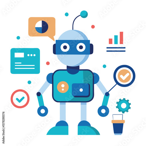 Cute Flat Design Robot with Stats, Gear, Check Marks and Speech Bubble on White