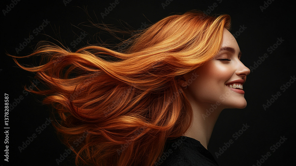Naklejka premium Portrait of a smiling woman with flowing red hair against a dark background in a profile view