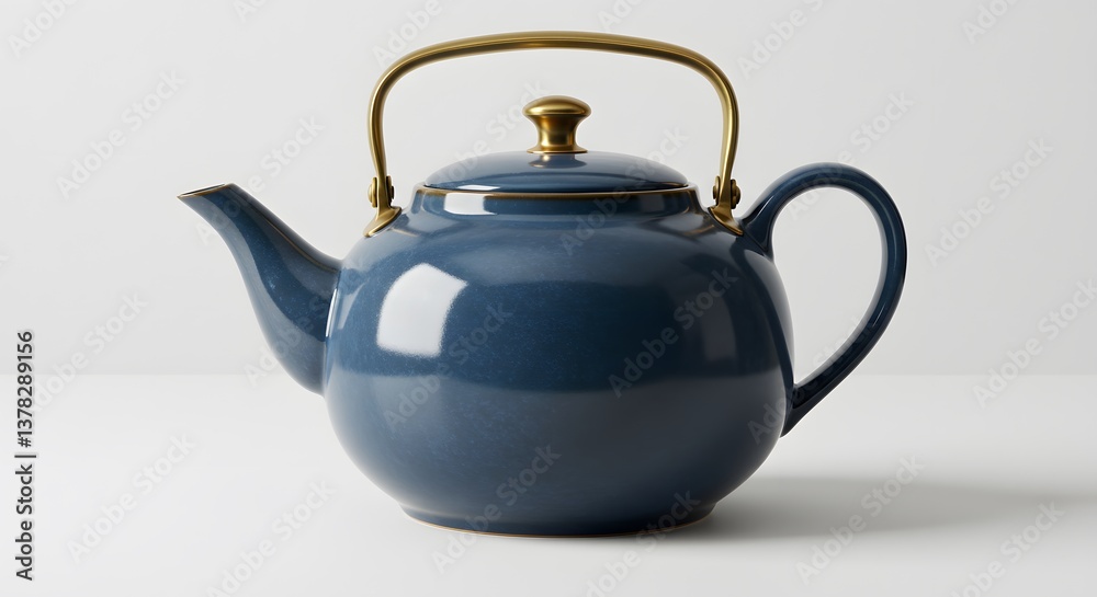 Ceramic Teapot Elegance: A close-up of a sleek blue ceramic teapot, radiating modern elegance, with a brass handle. Ceramic Teapot Elegance: A close-up of a sleek blue ceramic teapot, radiating modern elegance, with a brass handle.