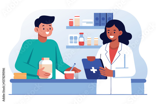 Happy African female pharmacist with customer purchasing medicine