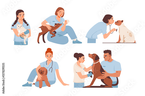 Veterinarian examining a dog and cat. Pet care, medical checkups, and animal wellness in a veterinary environment. Vet doctor set.  Flat  vector illustration.