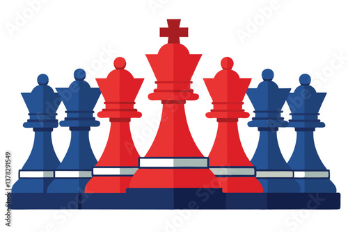 Red Chess King with Queens and Pawns Flat Design Isolated on White Background
