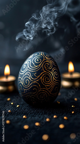 Orthodox Easter eggs with gold labyrinth motifs, brass censer and candles on wool rug, monastic charcoal-gray cultural scene
