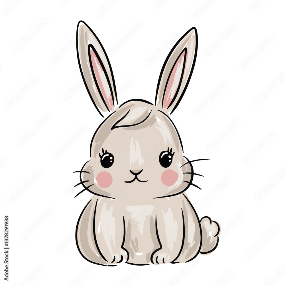 Fototapeta premium Cute rabbit cartoon character sitting with a soft expression and big ears, kids design print. Vector illustration