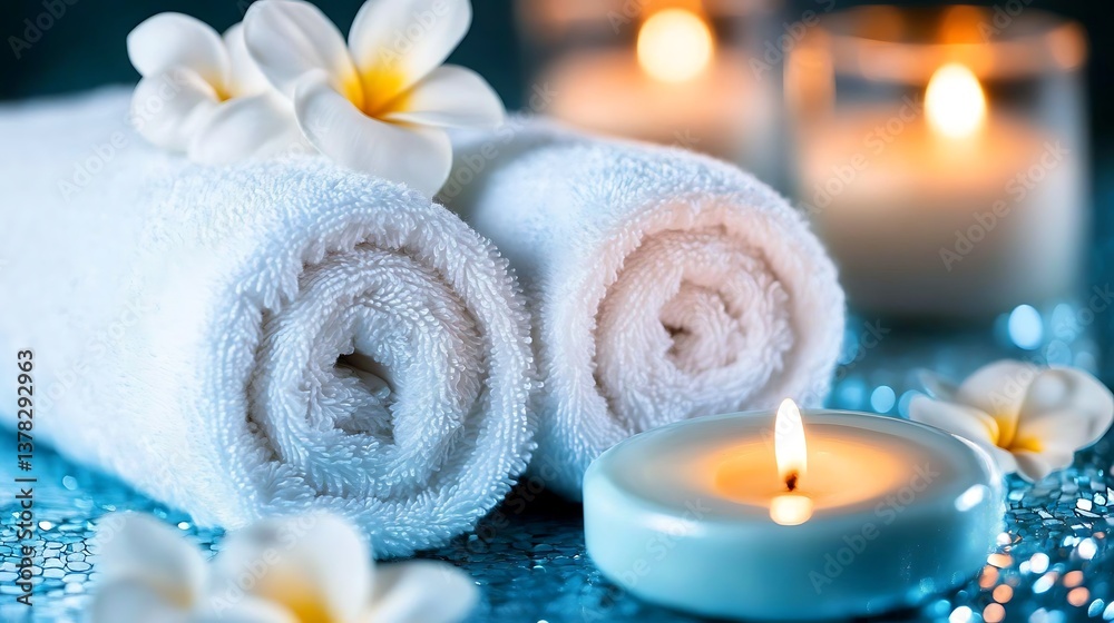 Rolled towels and candles symbolize relaxation and spa treatments beautifully Rolled towels and candles symbolize relaxation and spa treatments beautifully