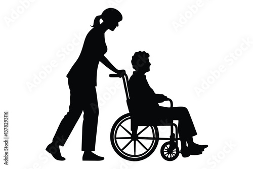 Silhouette Of Caregiver Assisting Senior In Wheelchair On Transparent Background