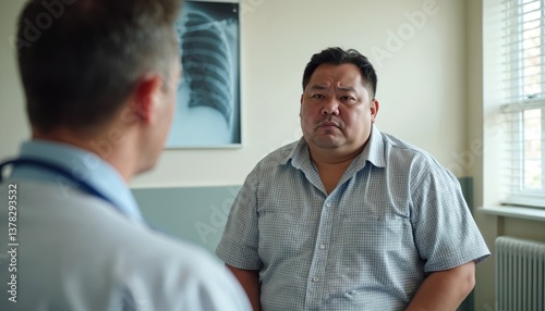 Obese man discussing health concerns with doctor in medical office. Focused patient care, pro advice emphasizes weight issues, lifestyle consultation, health checkup. Healthcare consultation,