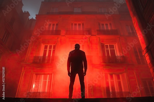Silhouette standing before building bathed in red light, creating a dramatic and mysterious atmosphere