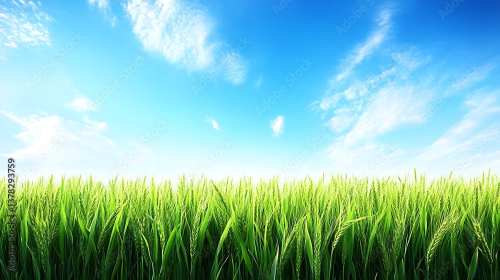 Obraz premium A vibrant field of green grass extends towards the blue sky