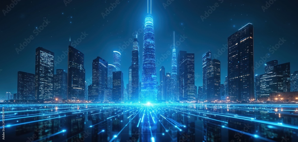 Fototapeta premium Futuristic cityscape, glowing blue lights form data streams, digital communication in modern metropolis. Night scene skyscrapers, digital innovation, technology, connection, business, finance, future