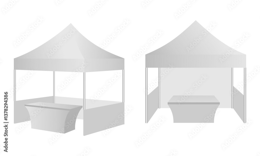 Promotional tent with table set vector illustration isolated on white background.