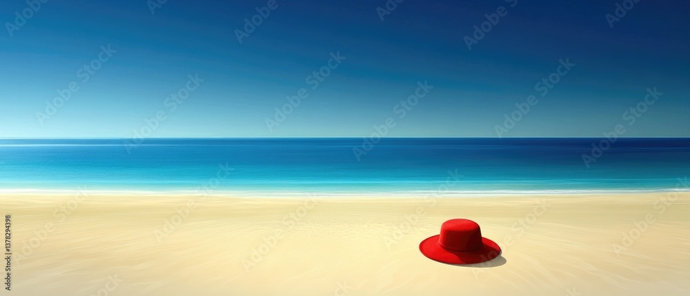 A vibrant red hat sits alone on the beach with the ocean and sky providing the serene backdrop A vibrant red hat sits alone on the beach with the ocean and sky providing the serene backdrop