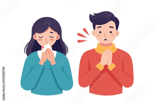 Woman Blowing Nose and Man Coughing in Flat Isolated on White