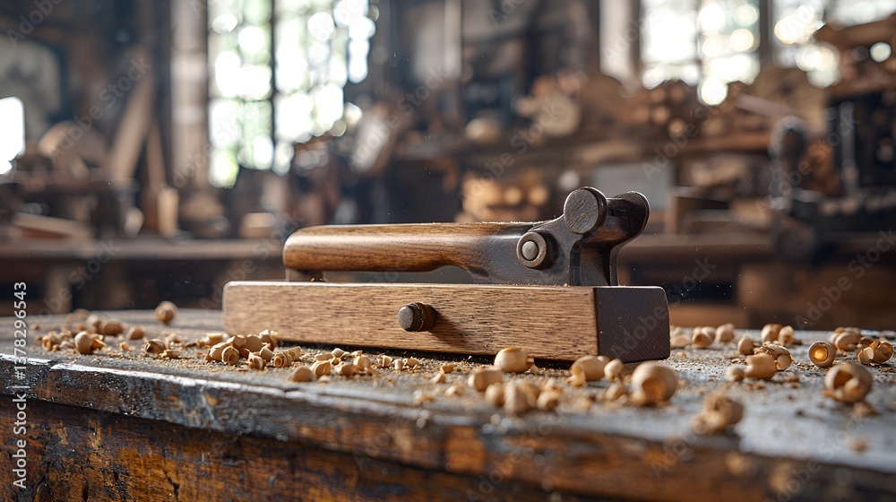 Antique wood plane on workshop table Antique wood plane on workshop table