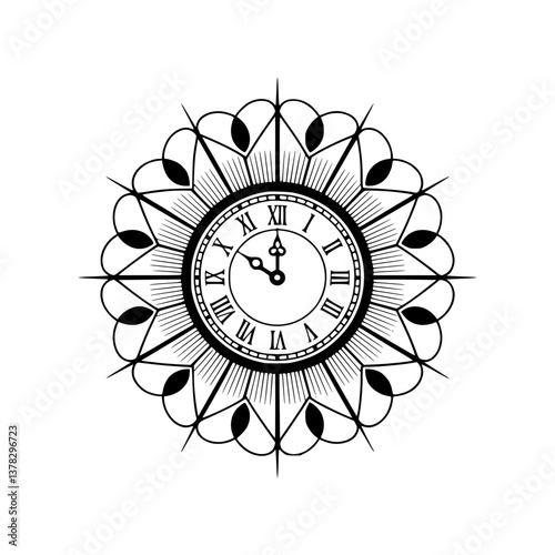 Vintage Clock Illustration, Art Deco Style, Symmetrical Design