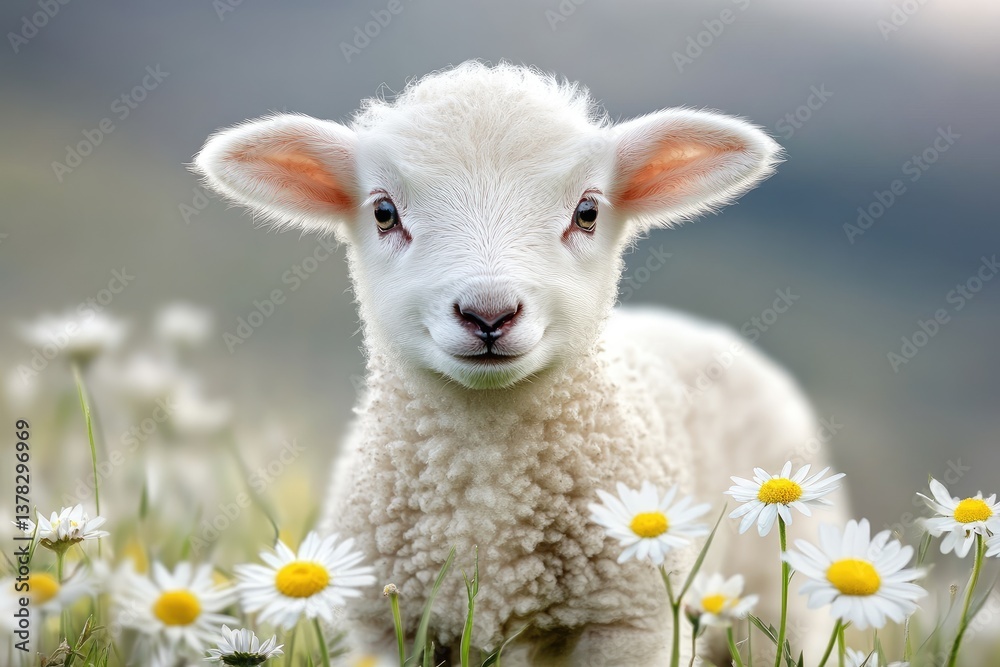 Obraz premium Adorable lamb standing in a field of daisies