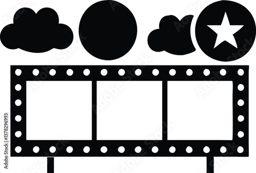 Fairground Cinema with Star Circle, Cloud and Sun in Black on Transparent