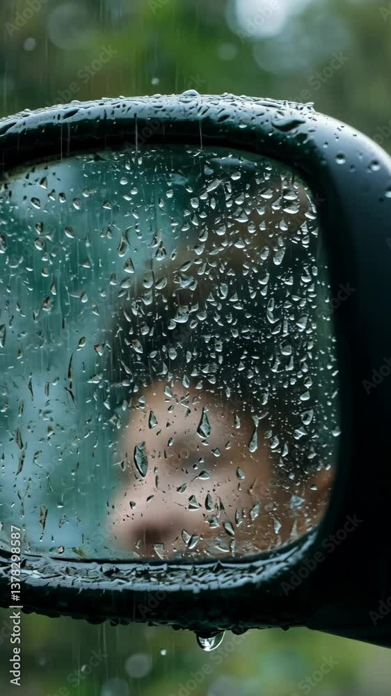 Reflection of a person seen through a car side mirror during rain in a forested area