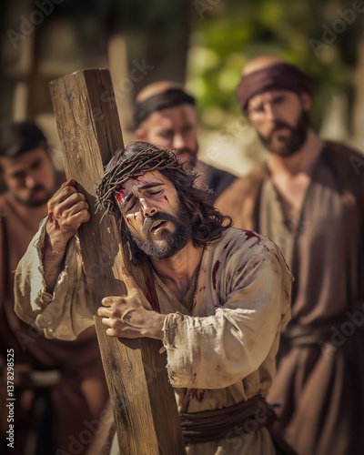 Jesus Christ carrying the cross, suffering for humanity's sins