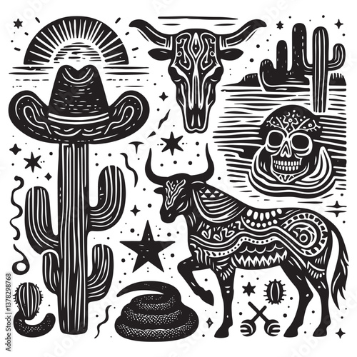 Linocut western boho set vector, Texas desert engraving print collection, vector canyon wildlife, cactus. Texture grunge Arizona rodeo graphics, bull, horse, snake, skull silhouette. 