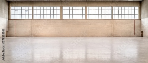 Indoor shot of an empty handball court with light filtering in from windows above