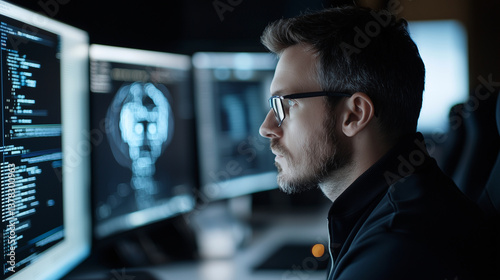 High-Tech Cybersecurity Control Center Monitoring AI Threats