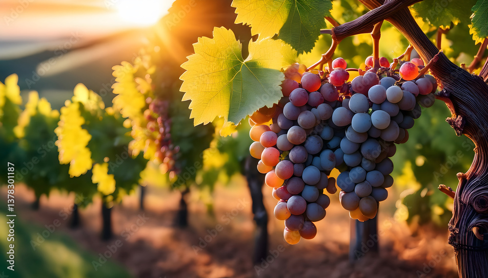 Fototapeta premium Vibrant grapevines bask in sunlight, showcasing clusters of ripe grapes against lush green leaves