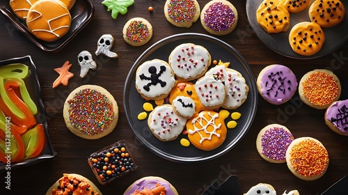 Halloween cookie decorating station with sprinkles icing and spooky toppings
