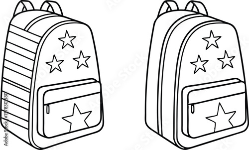School Backpacks Outlines with Star Decorations in Black and White with Transparent Background