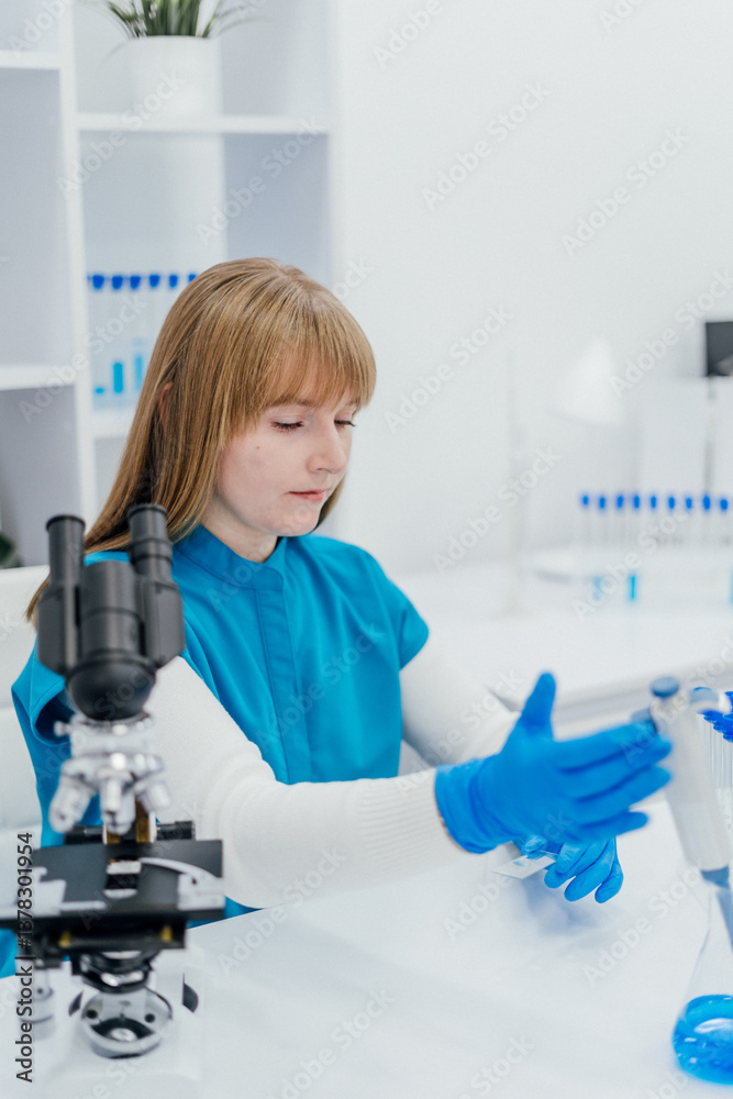 A focused lab technician in a blue uniform and gloves prepares scientific samples in a modern laboratory. The image includes a microscope in the foreground, test tubes, and a clean workspace A focused lab technician in a blue uniform and gloves prepares scientific samples in a modern laboratory. The image includes a microscope in the foreground, test tubes, and a clean workspace