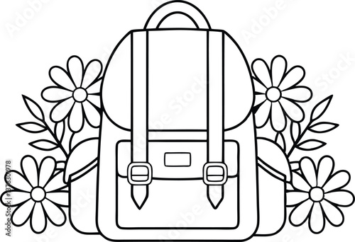 Backpack Outline with Daisy Flowers, Detailed Straps and Buckles on Transparent
